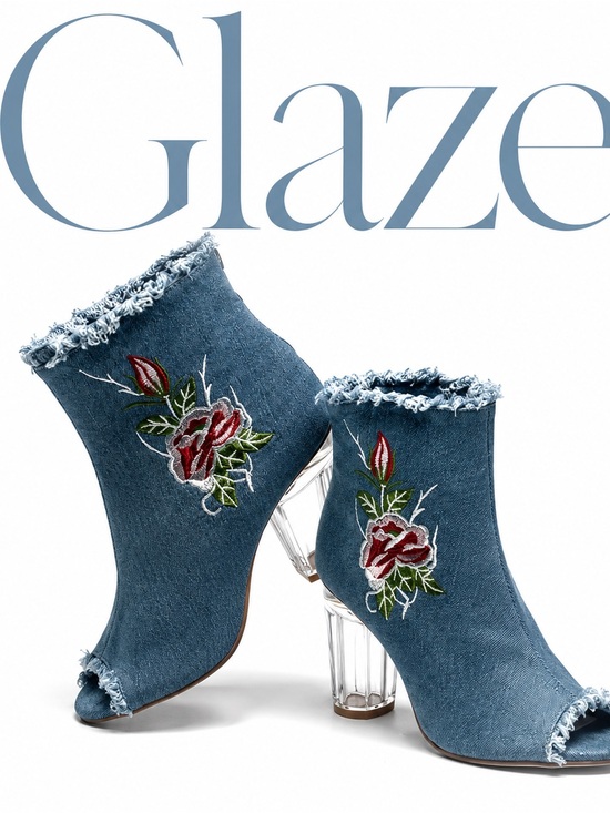 Glaze Shoes - Glaze Denim Peep Toe Ankle Booties with Floral Embroidery & Clear Block Heel